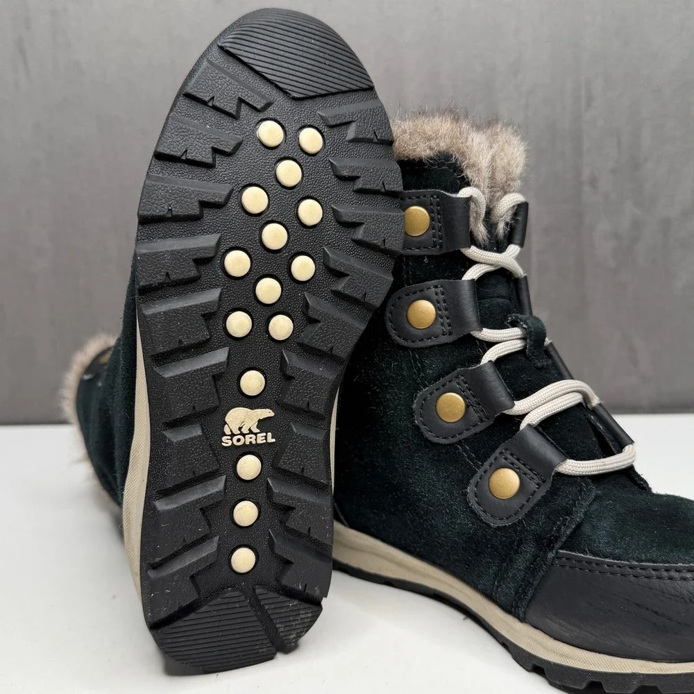 Sorel‎ Whitney II Snow Boots Girls Size 12 Black Waterproof Suede Faux Fur Trim